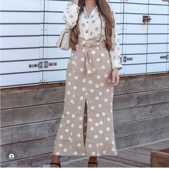 Zara Polka Dot Skirt with Belt Small New Beige Linen Blend Measurements - Picture 5 of 6